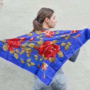 Blue Square Silk Scarf with Red Roses, Summer Designer Scarves, Satin Floral Bandana Head Hair Scarf, Gift for Her Mum