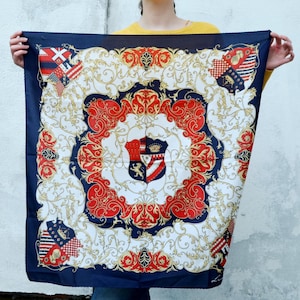 Vintage Square Head or Neck Scarf Leonardi, Baroque Heraldic Motifs Blue Red White Royalty gifts Coat of Arms