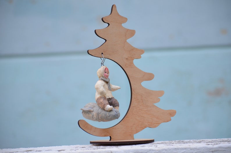Boy on rocket,Christmas Ornament,first christmas,spun cotton ornament,vintage christmas,Paper Mach\u00e9 figurine,christmas decoration,space gift