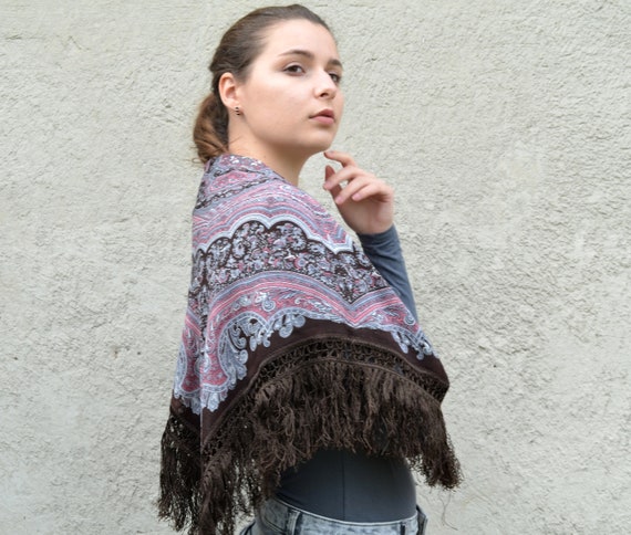 Cashmere wool Bohemian fringed scarf pink brown, … - image 3