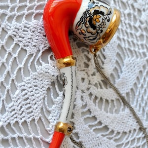 Vintage Ceramic Tobacco Pipe Ukraine Souvenir, Wall Hanging Red white Porcelain Pipe, Smoker Gift