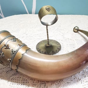 Brass and Horn Drinking Vessel, Vintage Viking Style Decorative Horn Cup with Stand, Medieval Drinking Horn, Norse Decor Collectible
