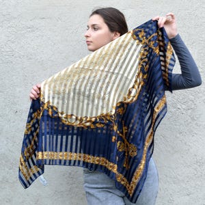 Blue White Large Striped Scarf with Gold Keys 35", Satin and Sheer Chiffon Stripes Navy Blue Yellow Baroque Print Shawl, LIZ CLAIBORNE Korea