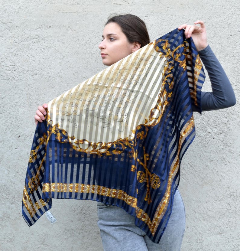 Blue White Large Striped Scarf with Gold Keys 35", Satin and Sheer Chiffon Stripes Navy Blue Yellow Baroque Print Shawl, LIZ CLAIBORNE Korea
