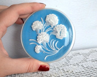 Vintage jewelry trinket box blue white carnations flower, small round Keepsake floral box, plexiglass proposal ring box