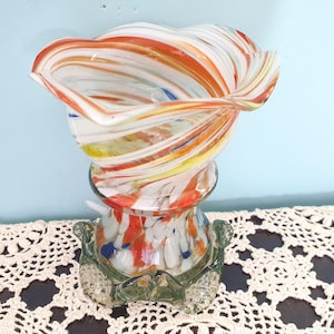 Vintage Murano Style Art Glass Vase 5&quot;– Multicolor Swirled Glass Vase, Hand Blown Sculptural Pedestal Base Red Orange Yellow Blue White