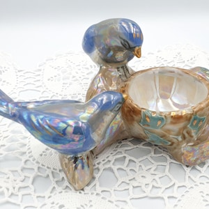 Vintage Iridescent Ceramic 2 Bluebirds Trinket Dish, Hand-Painted Bird Figurines with Lustre Glaze, Cottagecore Home Decor, Anneversery Gift