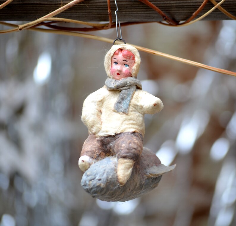 Boy on rocket,Christmas Ornament,first christmas,spun cotton ornament,vintage christmas,Paper Mach\u00e9 figurine,christmas decoration,space gift