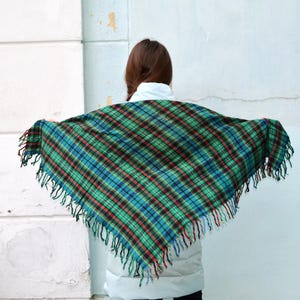 Vintage Wool Tartan Plaid Shawl Wrap Outlander Scarf, Green Blue Warm Square Scarf, Babushka Winter Shawl