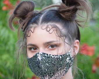 Sequin Face Mask Gold Silver Purple Pink Mint, Sparkly Reusable Fashion Glitter Party Mask for Women, Stylish Festival Accessory