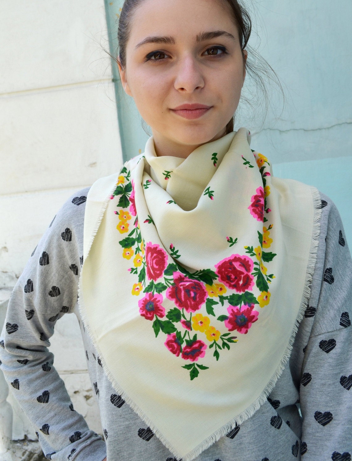 Vintage cotton square head scarf white boho Russian Scarf Etsy