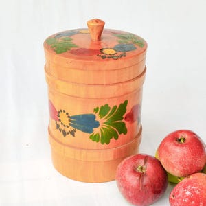 Wood Jar Canister with Lid Folk Art Hand Painted, Handpainted Wood Container, Vintage Farmhouse Rustic Kitchen Decor, gift for mom