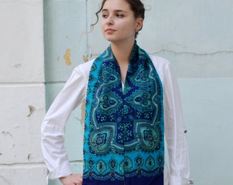 Blue Neck Scarf Paisley Bohemian, Hand Made Unisex Wool men's Opera Scarves, Long Reversible Scarf, gift for him men