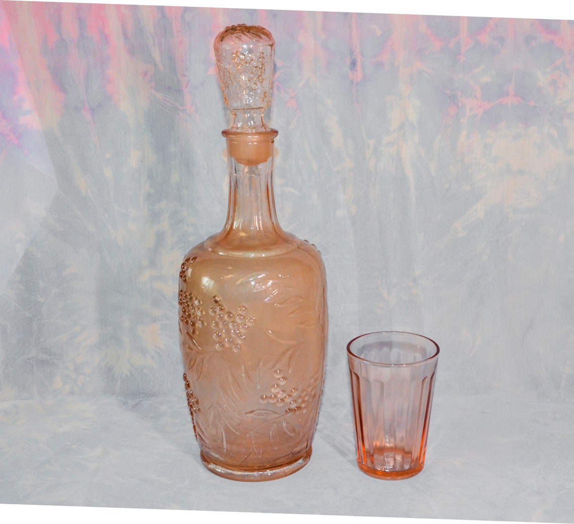 Vintage pink glass decanter set with stopper whiskey wine Etsy