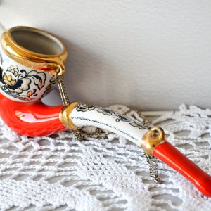 Vintage Ceramic Tobacco Pipe Ukraine Souvenir, Wall Hanging Red white Porcelain Pipe, Smoker Gift