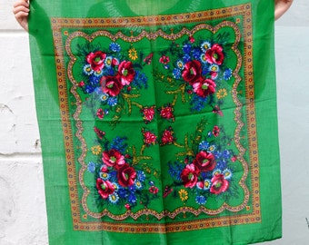 Green Colorful Small Floral Square Neck Scarf, Ukrainian Ethnic Folk Head Scarf, Poppy Daisy Botanical Print, Wild Rag