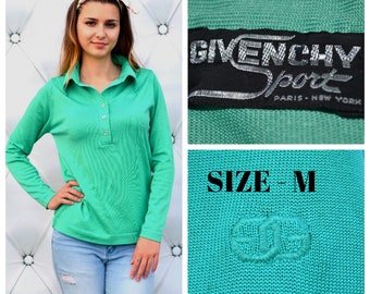 Vintage 70s polo shirt GIVENCHY Sport Long Sleeve womens mint green aesthetic shirt sweater, designer 70s pullover