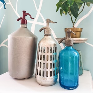 Rare Seltzer Bottle Soda Siphon Silver Metal Blue Glass, Antique Barware Kitchen home bar Pub Bistro Decor, Retro Party Decor