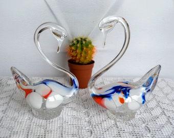 Pair Art glass Swans Figurines, white blue red clear Murano Glass Bird cake topper, Wedding Decor, 3rd anniversary gift