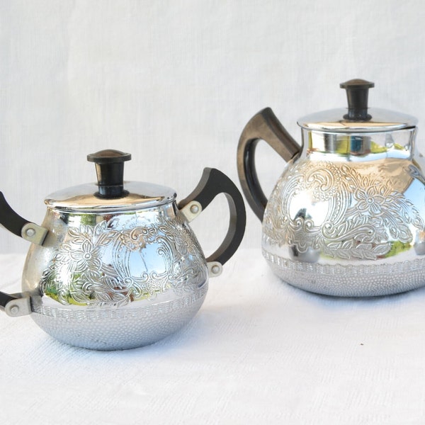 Silver coffee pot, Aluminum teapot, creamer, sugar bowl with lid, sold separately silverware service, 70s retro kitchen decor