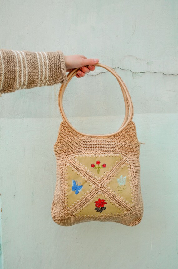 Vintage crochet tote bag with zipper round ring h… - image 6