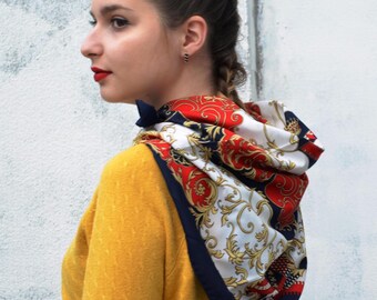Vintage Square Scarf Baroque Equestrian Print Silky Satin Red Blue White, Gift for Her