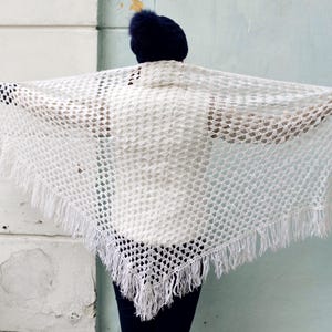White Hand Knit Lace Shawl Wrap Scarf, Ivory Bridal Cape Coverup Stole, Summer Wedding Scarf, Gift for Her