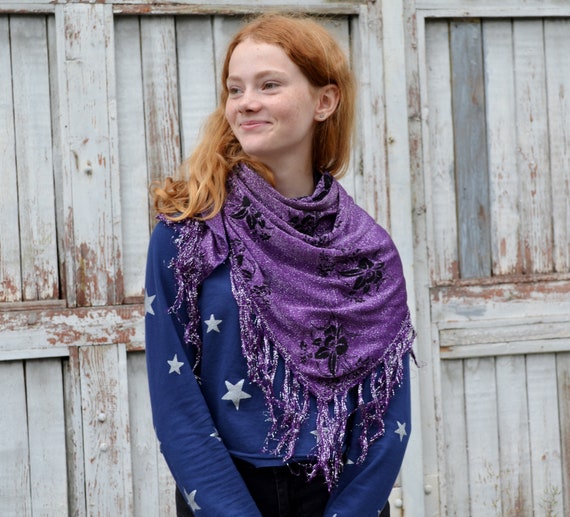 Vintage Shimmer triangle purple scarf with fringe… - image 10