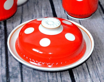 Vintage covered ceramic butter dish with lid white red polka dot farmhouse kitchen, round cheese keeper dome, serving dish
