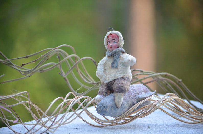 Boy on rocket,Christmas Ornament,first christmas,spun cotton ornament,vintage christmas,Paper Mach\u00e9 figurine,christmas decoration,space gift