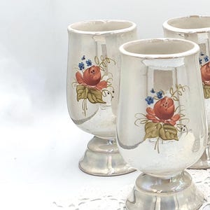Set 2 Ceramic Vintage Goblets, Floral Wine Glasses, Iridescent Pottery Tumblers Glassware, Handleless Mug, Pottery Pinch Cups