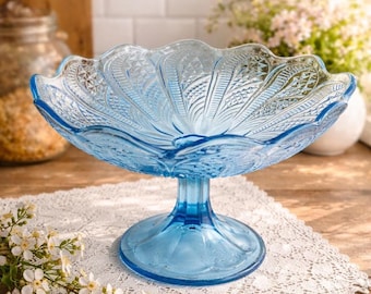 Vintage blaue Glasschüssel, Kompottschale aus Pressglas, Retro Dessertständer, Shabby Chic-Bauernhausdekor, Frühlingstischdekoration