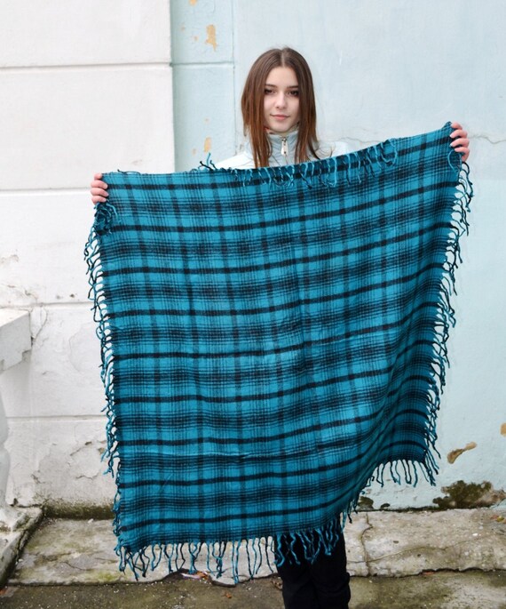 Vintage green blue wool scarf, scottish tartan, pl