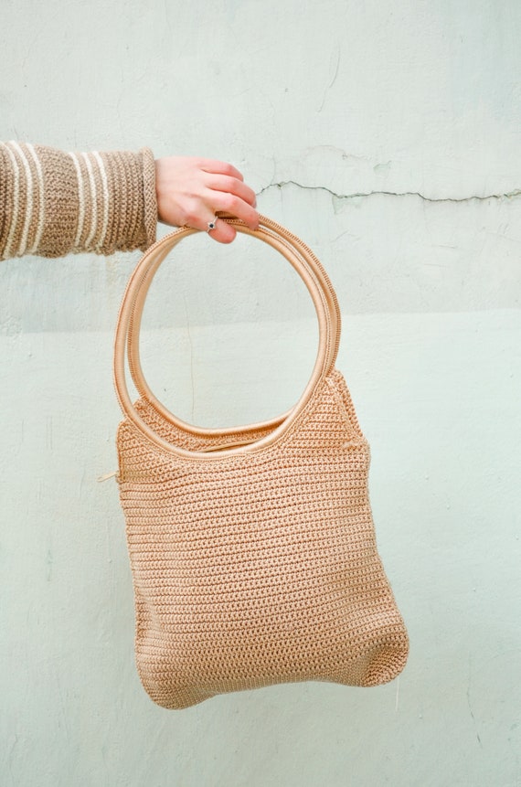 Vintage crochet tote bag with zipper round ring h… - image 7