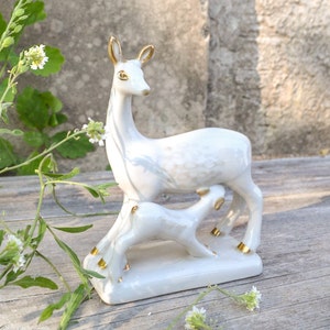 Vintage Porcelain Mother Deer with Fawn Ceramic Figurine Table Sculpture, White Mid Century Glazed Woodland Animal, Christmas Gift for Mom