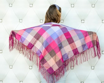 Vintage large silk square scarf pink purple plaid tartan, fringed shawl with tassels, Geometric Colorful Satin scarf women, gift for her