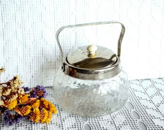 Vintage lidded sugar bowl clear glass cookie jar with lid and handle, kitchen container