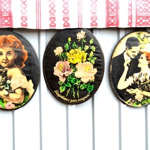 Set 3 Antique Photo Oval Wall Hanging Sepia Portrait, Girl and kitten, Roses Wall Picture