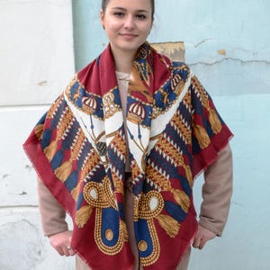 Large Equestrian Scarf Shawl Wrap 45&quot;, Red Blue White Square Shawl with Regal Horsemen Print