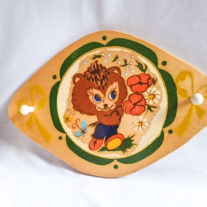Vintage Wooden Wall Hook with Cute Bear Cub, Nursery Decor, Kids Room Hanger, Kids Hooks for Playroom