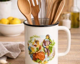 porte-ustensiles vintage en émail avec poignée, décoration de cuisine de ferme, tasse en émail blanc avec scène romantique, organisateur rustique