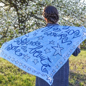 Blue Silk French Designer Scarf with Inscription &quot;Essence de beauté sole&quot; Abstract with Stars