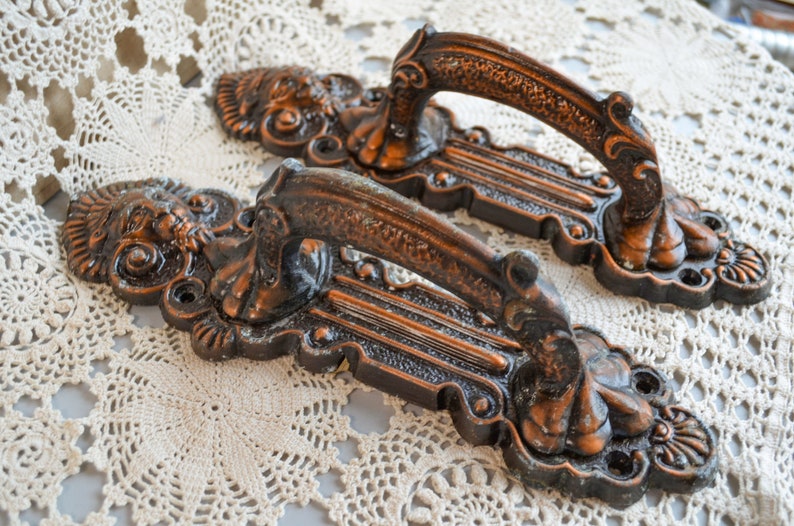 Vintage victorian drawer barn door handle bronze tone ornate Etsy
