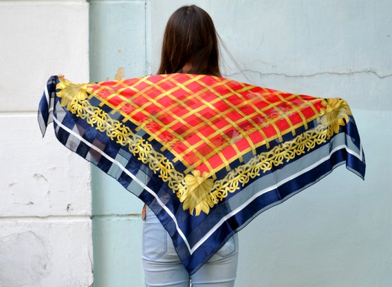 Vintage red blue gold scarf, Large square scarf, B