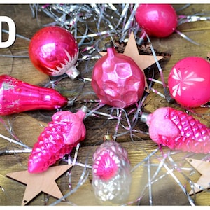 Set Vintage Hot Pink Mercury Glass Christmas Ornaments, Bells cones ball, Xmas tree shiny bright holiday decor