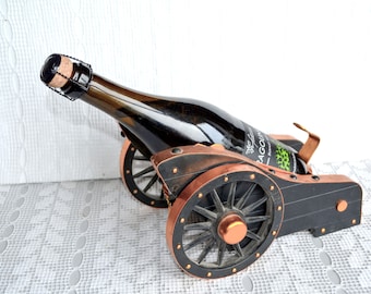 Vintage wine bottle holder rack carriage cannon, Stand for bottle, retro barware Man Cave Bar Decor