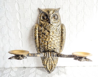 Mid century brass Owl wall hanging Candle sconce Holder, Rustic metal wall art Decor, barn Owl Garden Decor