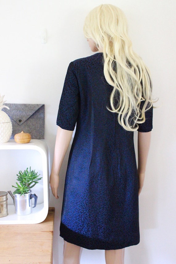 Embroidered vintage dress damask navy blue black … - image 4