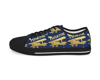 Men's Low Top Sneakers with Aviation Pilot Aircraft Designs - Blue Gold