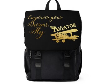 Pilot Gifts Shoulder Backpack with Pilot Wings Classic Aircraft Designs - Unisex Black Gold